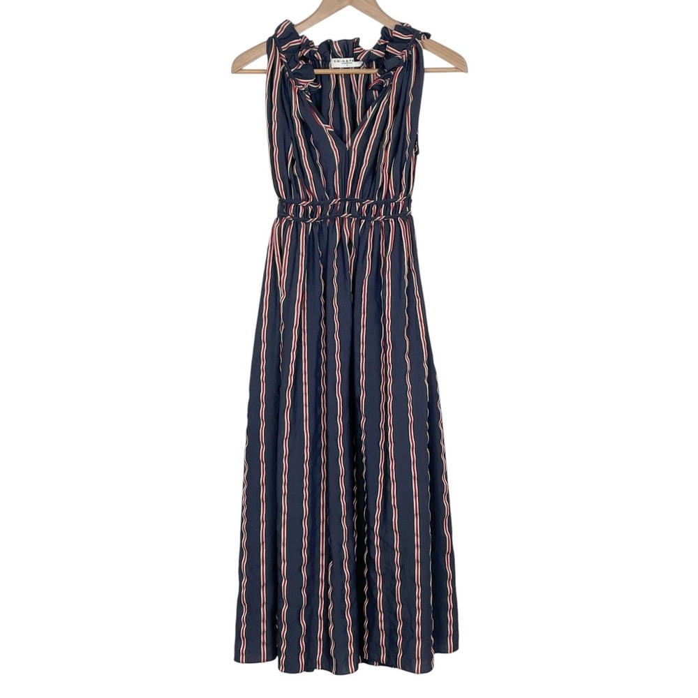 Emin&Paul Navy Red Striped Linen Blend Ruffle Midi Dress S Americana Nautical